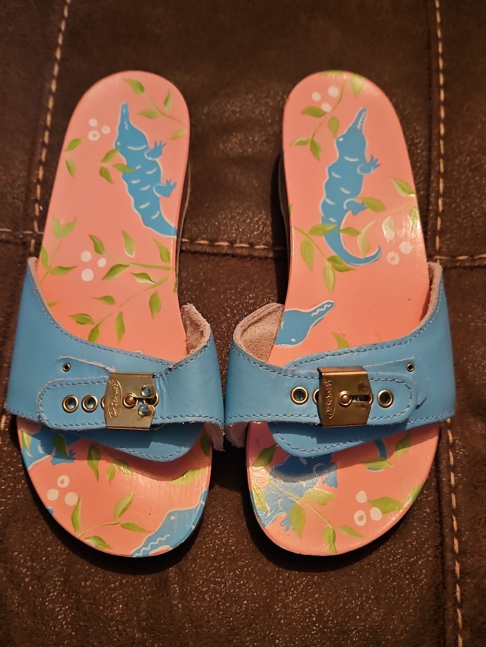 Dr Scholls Vintage Handpainted Alligator Blue Slide with Gold Buckle 7